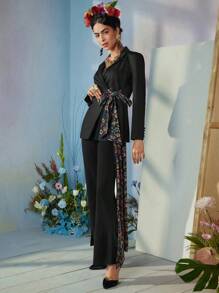 VERO DIAZ Frida Kahlo X SHEIN X Designer Business Casual Lapel Collar Contrast Floral Print Ruched Knot Front Blazer, Holiday, Thanksgiving, Spring, Festival, Office - Multicolor - View 6