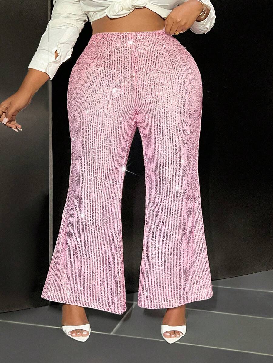 Slaydiva Plus Size Women's Elegant Basic Party Sequin Flare Pants In Pink - Baby Pink - View 1