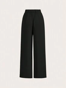 SHEIN Frenchy Mehrteiliges Sommer-Hosenset mit hoher Taille, weite Hose mit hoher Taille, gefaltetes gerüschtes weites Bein, Hose, locker geschnitten, lange Hose - Schwarz und Weiss - Übersicht 4