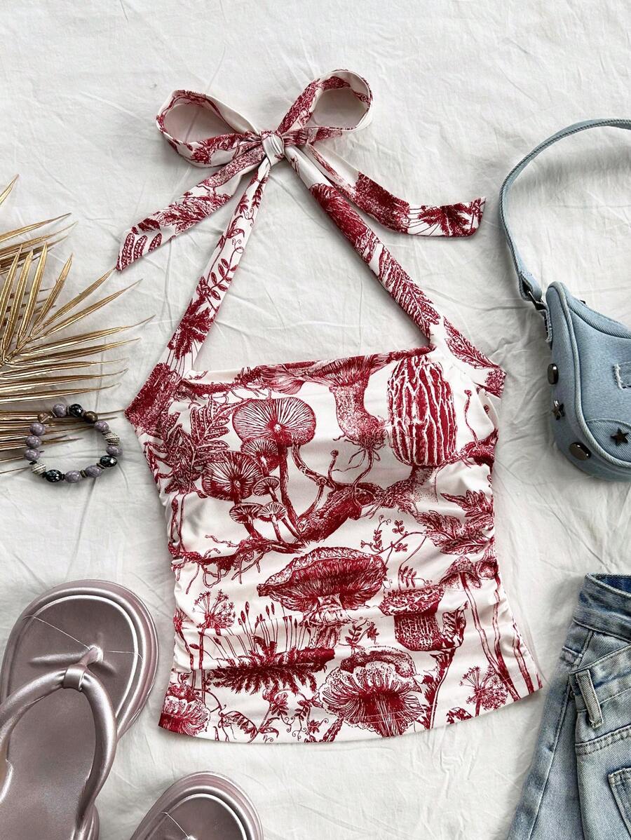 Soleia Damen Resort Oberteil mit Trägerhals, gewebter Korb, weißer Retro Muster, plissierter Camisole-Stil - Rot - Übersicht 1