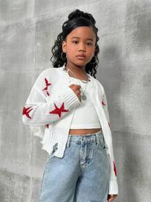 SHEIN Tween Girl  Oversized Loose Star Printed Frayed Edge Knit Short Cardigan - Multicolor - View 5