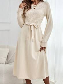 EMERY ROSE Women's Long Sleeve Belted Sweater Dress - Khaki - View 2