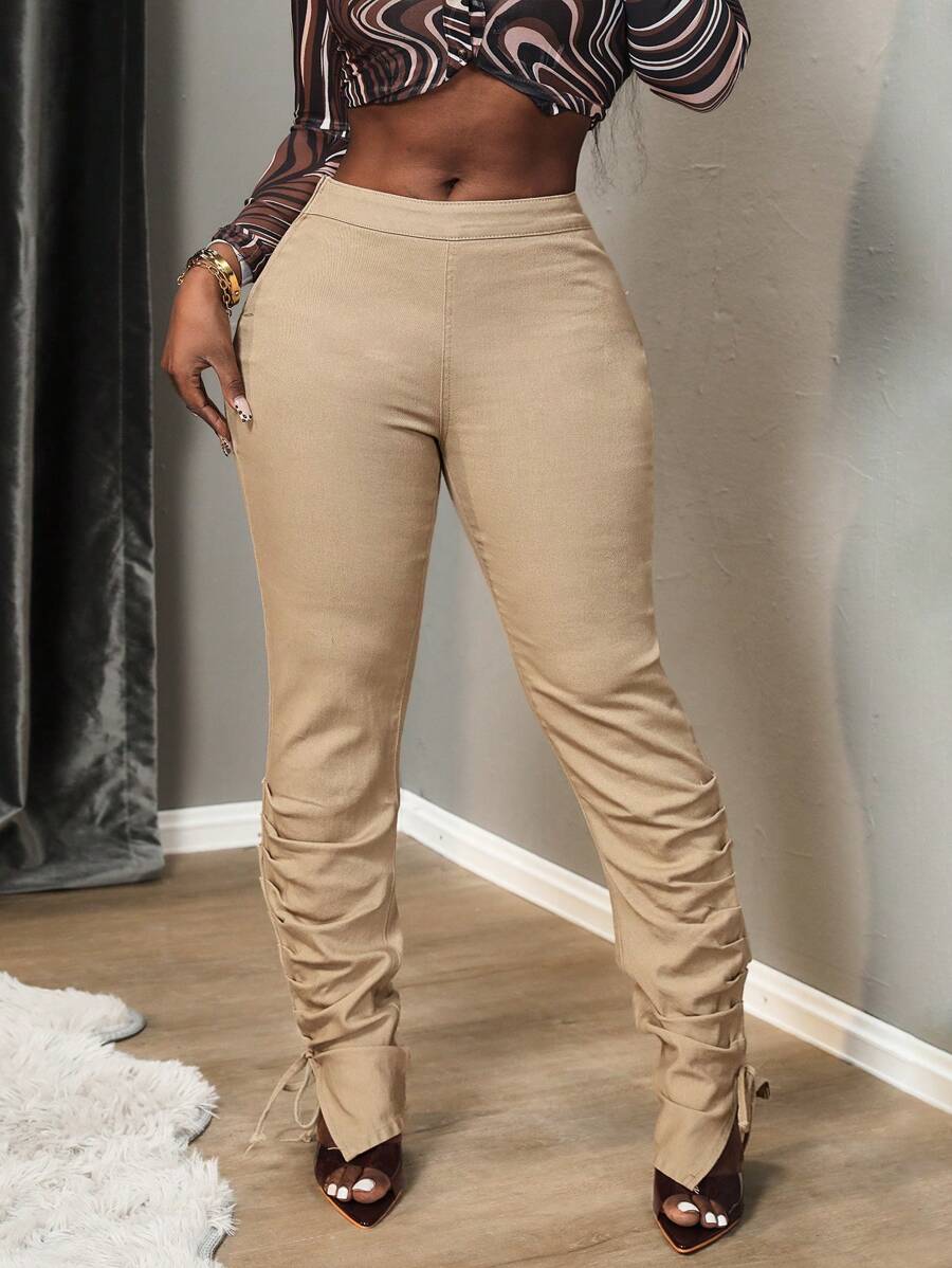 SHEIN Slayr Jeans skinny a vita media con arricciature - Albicocca - Visualizzare 1