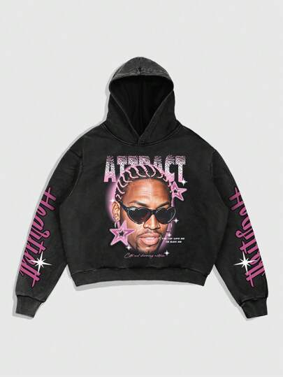 Street Life Sudadera con capucha y estampado de personaje de caricatura para hombre con fruncido.