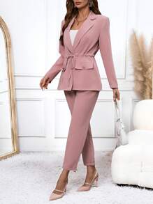 SHEIN Clasi Ladies Elegant Lotus Root Pink Drawstring Waist Blazer & Matching Trousers Suit Fall Clothes Office Wear Women Set Fall Sets Office Wear Women Set Women Pants Suit - Dusty Pink - View 8