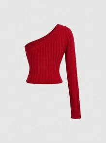SHEIN MOD Red Oversized Twist Knit One Shoulder Long Sleeve Party Knit Top,Brunch,Witchy,Renaissance Fair,Concert,Winter,Rave Festival - Red - View 2