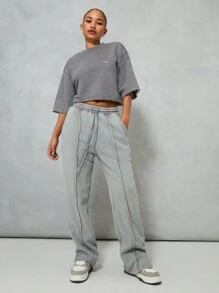 SUMWON WOMEN Washed Boxy Sleeves Crop T-Shirt With Raw Hem - Grey - View 4