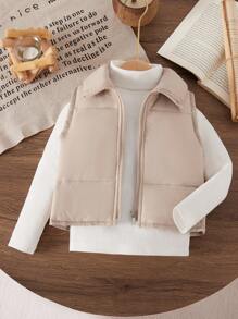 2 peças de colete acolchoado sem gola damasco para meninas e blusas brancas de manga comprida com gola alta, roupas de irmãos de outono e inverno (vendidas separadamente)
