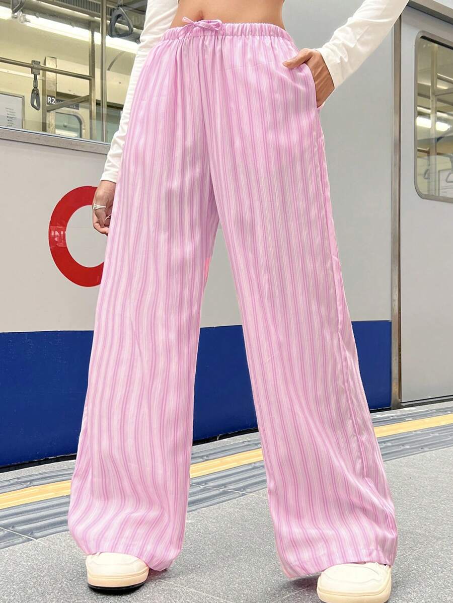 SHEIN Teen Girls Striped Cinched Waist Flare Leg Casual Palazzo Pants, Pink & White