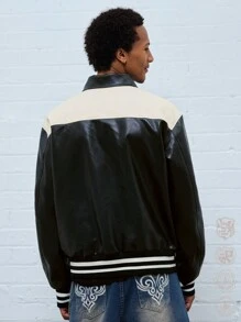 Manfinity VCAY Men's Embroidery Loose Collar Long Sleeve Woven Jacket, For Fall Winter - Black - View 2