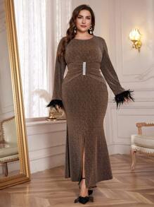 Modelyn Plus Size Elegant Shiny Slit Mermaid Hem Dress, Spring & Fall Clothes