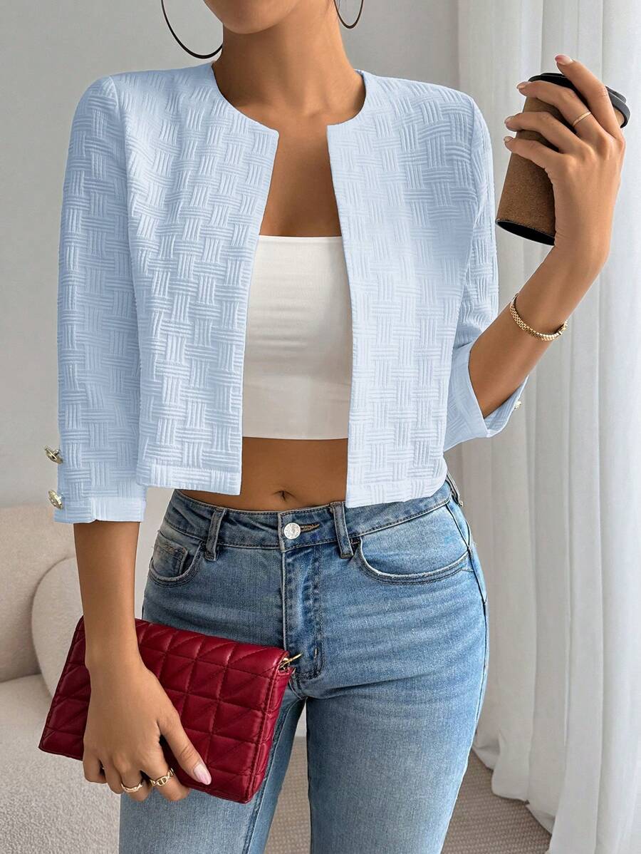 SHEIN Essnce Áo khoác thời trang thường ngày cho nữ phong cách Old Money trơn hở phía trước, tay áo ba phần tư, áo khoác công sở cho nữ, trang phục giáo viên, áo khoác giáo viên, quần áo mùa thu cho nữ, quần áo công sở cho nữ - Màu xanh nhạt - Xem 1