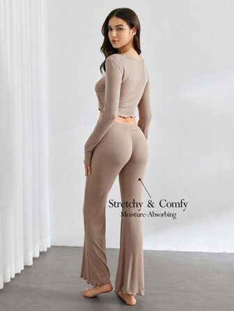 Ocili 女士纯色简约休闲长袖上衣和裤子家居服套装，适合假日、秋冬季节穿着