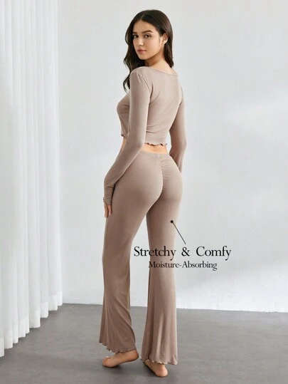 Ocili Women's Solid Color Minimalist Casual Long Sleeve Top And Pants Lounge Set Holiday Season, Fall Winter Clothes