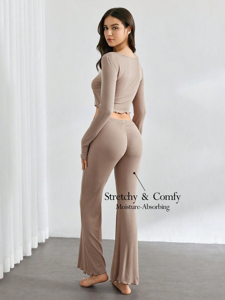 Ocili 女士纯色简约休闲长袖上衣和裤子家居服套装，适合假日、秋冬季节穿着 - 卡其色 - 查看 1