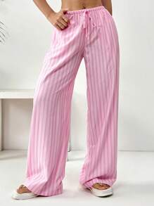 SHEIN Teen Girls Striped Cinched Waist Flare Leg Casual Palazzo Pants, Pink & White