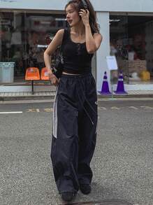 DAZY Damen Kontrast Farbblock Patchwork Buchstaben Stickerei Dekor Streetwear Lässig Hose, Weite Hose, Herbstkleidung - marineblau - Übersicht 5