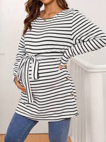 SHEIN Camiseta de lactancia casual de rayas para maternidad, primavera y otoño - Blanco - Ver 5