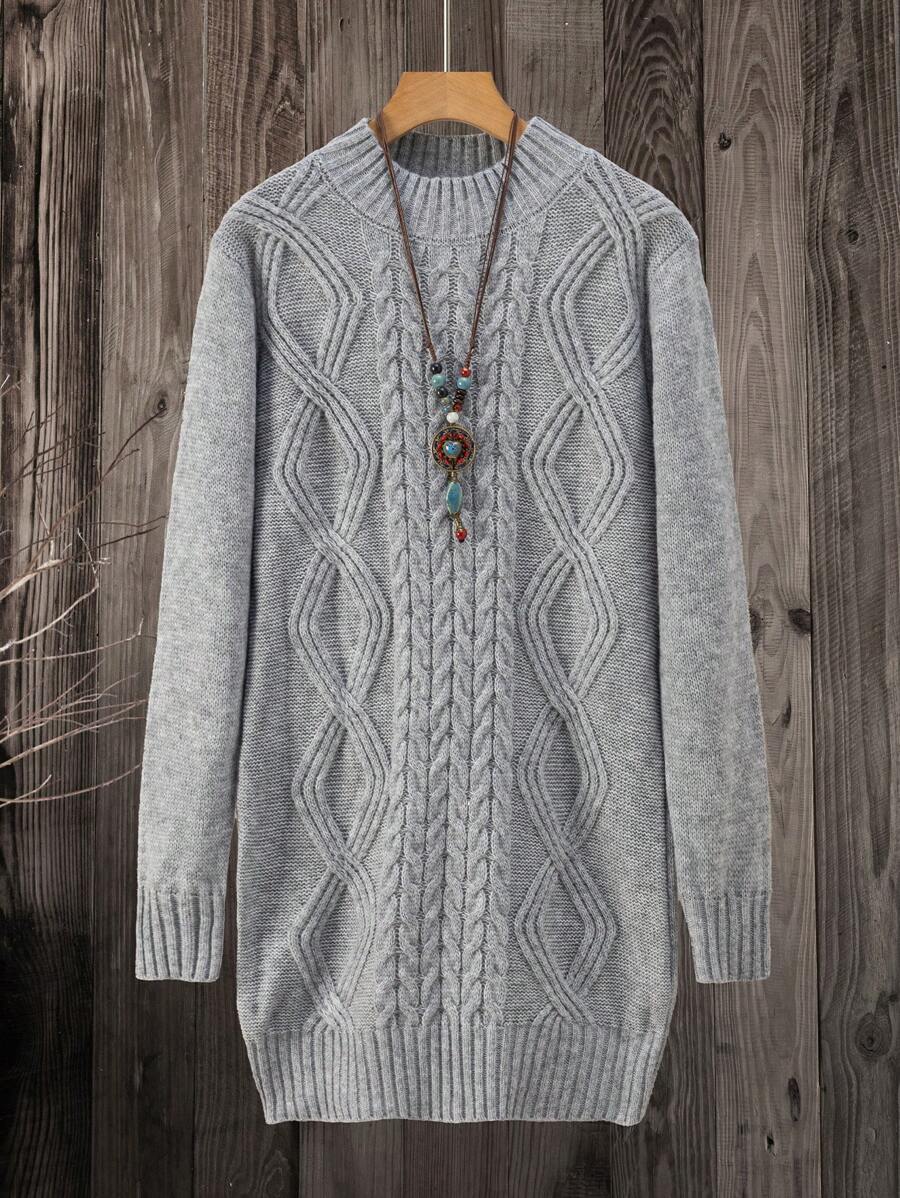 EMERY ROSE Women's Solid Color Stand Collar Long Sleeve Casual Knit Sweater Dress, Fall/Winter - Grey - View 1