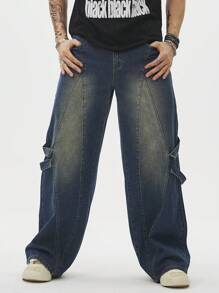 Chillumni Men's Casual Loose Straight Pocket Jeans - Blue - View 7