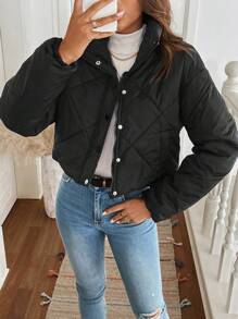 SHEIN LUNE Grid-Pattern Quilted Women Padded Coat With Stand Collar, Drawstring Hem And Metal Button Zipper Closure - Black - View 3