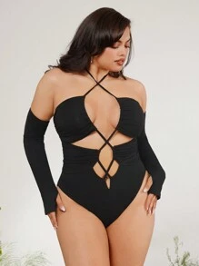 evoluSHEIN X Anitta RAUL OROZCO Designer Plus Backless Cross Straps Halter Bodysuit, Holiday, Spring & Summer, Festival