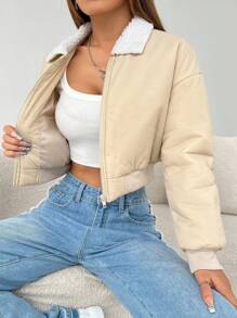 SHEIN PETITE Áo khoác mùa đông ngắn lông cừu khóa kéo Colorblock - Màu be - Xem 6