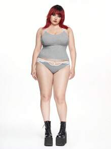 ROMWE Kawaii Set de lencería con sujetador inalámbrico con combinación de punto acanalado y encaje, tallas grandes cómodas - Gris - Ver 3