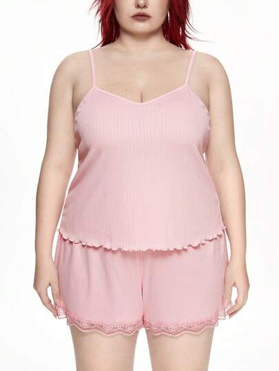 Kawaii Pijama de camisola de encaje de punto acanalado con parche de talla grande