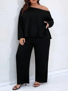 SHEIN CURVE+ 2 Stücke Große Größen Set aus asymmetrischer Kragen Bluse und Hose in Einfarbig Lässig für Frühling Herbst - Schwarz - Übersicht 3