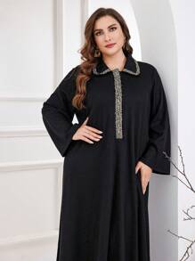 Modelyn Vestido casual de talla grande con parches y tela elástica - Negro - Ver 1