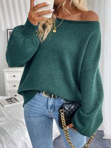 SHEIN LUNE Damen Einfarbiger Rundhals Dropped Shoulder Langarm Locker Lässig Pullover, Herbst/Winter, Strick Pullover Herbst - Dunkelgrün - Übersicht 3