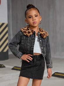 SHEIN Jacke für Kleinkind Mädchen mit Leopardenmuster, Fleischkragen und Oversized schwarzer Denim
