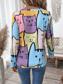 EMERY ROSE Camiseta de punto con cuello en V con estampado de gato lindo para mujeres, multicolor