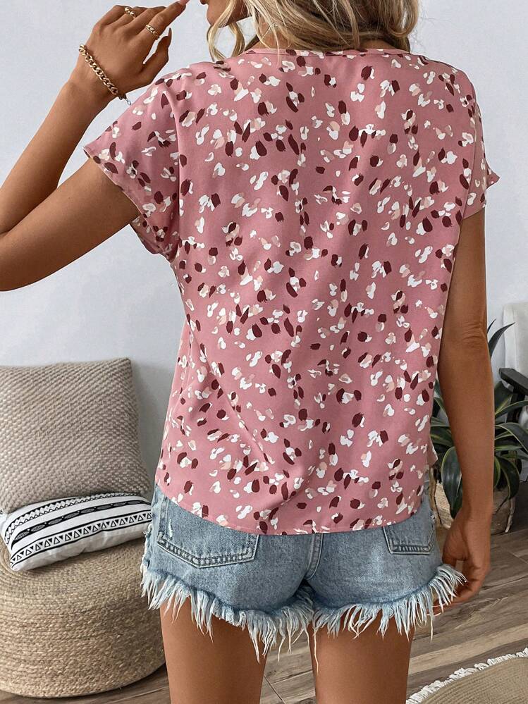 SHEIN LUNE Chemise décontractée à col rond et manches courtes avec imprimé ajouré tout-sur-tout pour femmes, hauts à manches courtes, décontractés - Rose bonbon - Voir 2