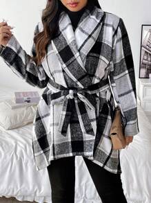 Flirla Áo khoác len dài tay thiết kế kẻ caro cổ bẻ cỡ lớn có thắt lưng - màu đen - Xem 5