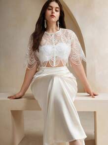 Anewsta 大码复古法式优雅亮片披肩，薄款短上衣 - 白色 - 查看 6