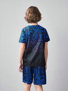 SHEIN 2pcs Tween Boy's Printed Short Sleeve T-Shirt And Sweatpants Sports Outfit - Black - View 2