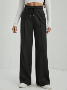 SHEIN Tall 净色抽绳腰部阔腿运动裤 - 黑色 - 查看 5