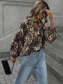 Aveloria Vintage Chic Random Leopard Floral V-hals Lantaarnmouw Strikmanchet Lange Mouw Blouse