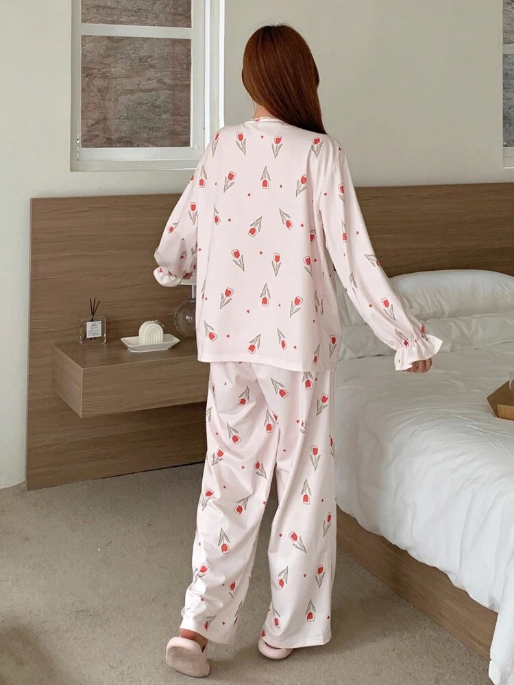 Tulip Pattern Ruffle Trim Pajama Set