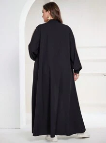 Al Najma Plus Size Contrast Color Patchwork Arabian Abaya,Black Summer Jamican Modest Vacation Long Sleeve Sporty Sweatshirt Style Front Zipper Closed Robe - Black - View 2