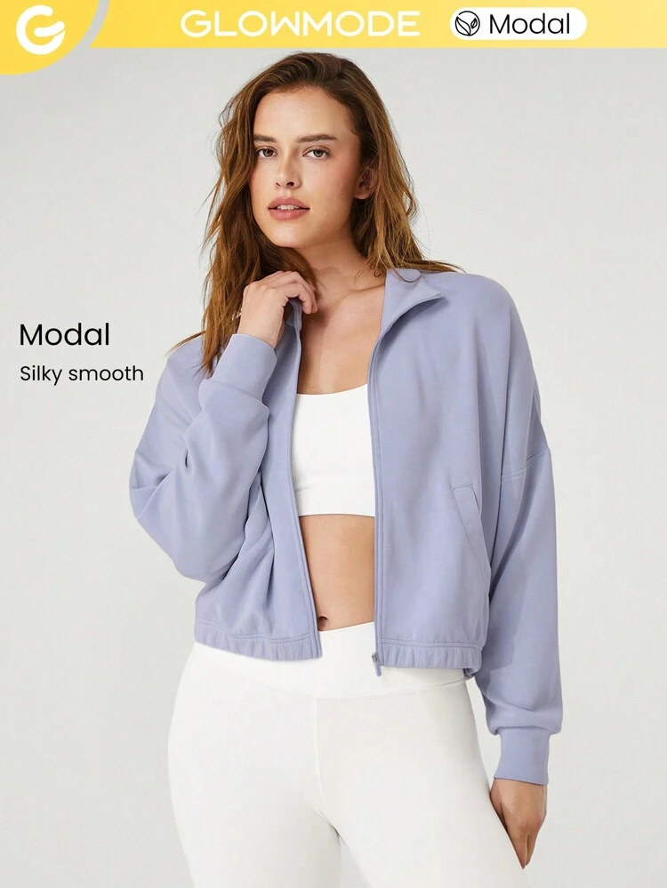 Modal Soft Lapel High Collar Elastic Hem Long Sleeve Jacket With Side Pockets Daily Casual