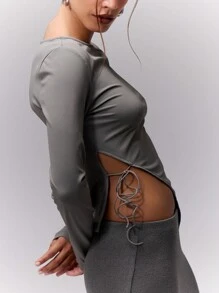 MUSERA 圆领长袖不对称下摆系带上衣，休闲夏季度假春夏优雅性感假日风 - 綠色 - 查看 5