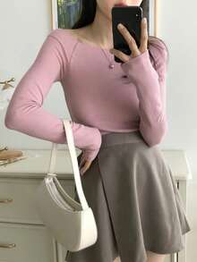 DAZY Women Solid Color Off-Shoulder Long Sleeve T-Shirt - Grey - View 2