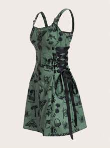 Selianne Halloween Women's Slim Fit Spaghetti Strap Zipper Full Print Skull Pattern Dress Fall Cloth For Women - Green - View 3