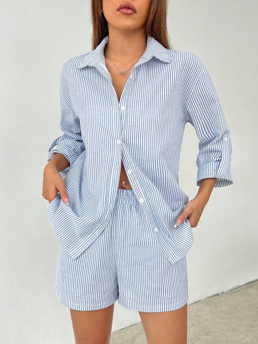 SHEIN PETITE Women's Fashion Vertical Striped Shirt Shorts Suit Commuting Simple Office Simple - Blue and White - View 1