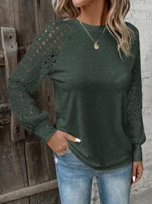 SHEIN Clasi Women's Solid Color Contrast Lace Raglan Sleeve Casual Top, Spring And Summer - Dark Green - View 6