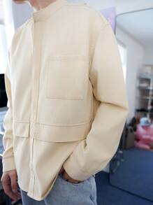 Claim Dot Casual Retro Loose Fit Light Khaki Denim Men's Shirt - Dusty Blue - View 6