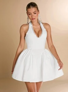 SHEIN BAE Summer  Sexy V-Neck Halter Tied Bow Knot Waist Fitted Flare Women Dress